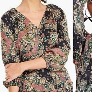 J.Crew Point Sur Navy Floral/Paisley Print, 3/4 Sleeve Blouse, Sz XS